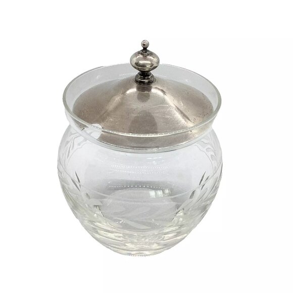 1950s Mid Century Etched Decorated Crystal & Sterling Silver Jam Jar - Picture 2 of 5